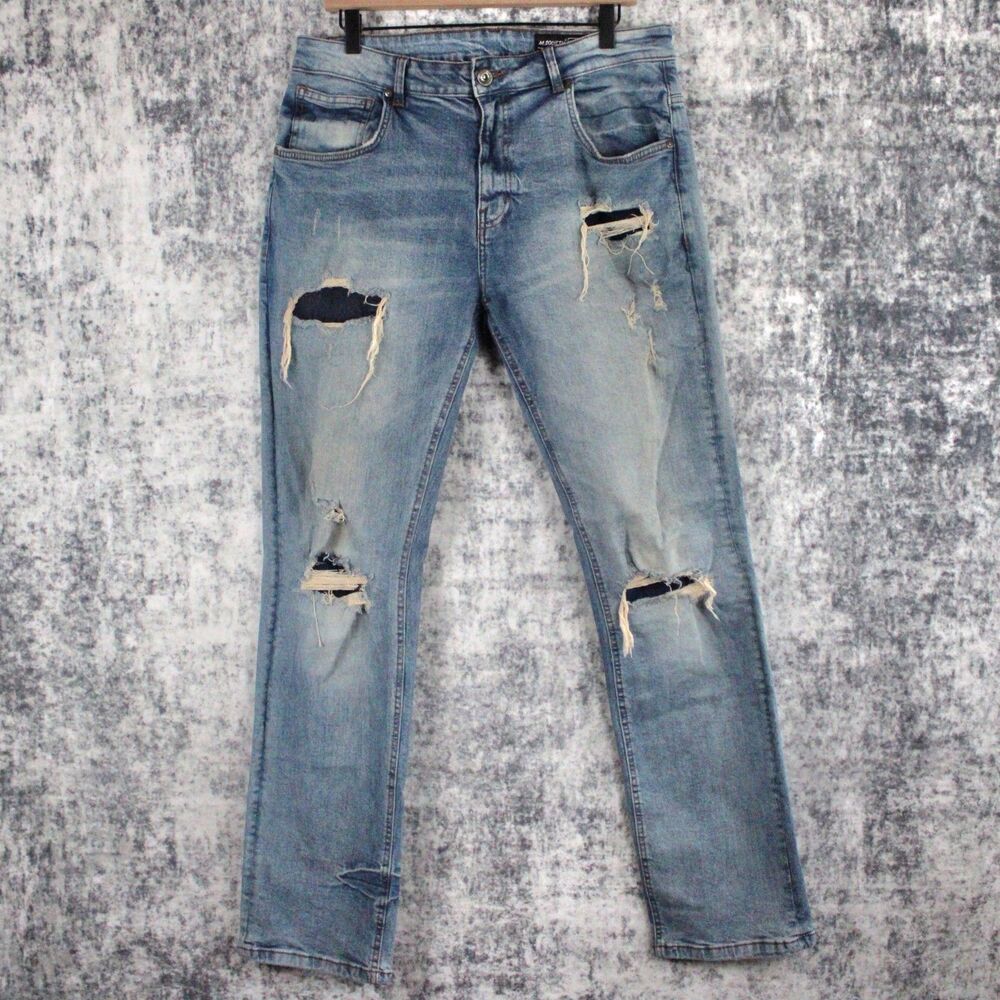 M.Society Men’s Sz 34 x 32 Blue Denim Distressed (BOB) Slim Straight Jeans